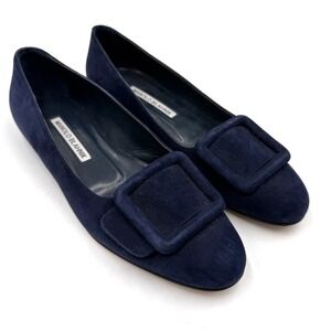 Manolo Blahnik Maydi Ballet Flats Navy Blue Suede Buckle Almond Toe 35.5 / 5.5